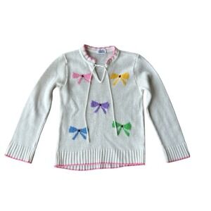 Vintage Girl's White Knit Bow Sweater Pink Trim Tie Neck Pullover Size 6